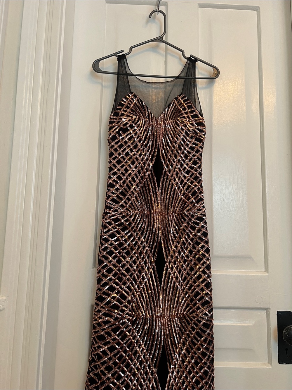 Sleeveless Black Dress with Rose Gold Sequin Geometric Design